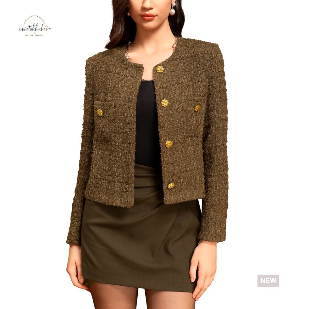 Cropped Tweed Blazer Wool Boucle Jacket Business Casual Box Fit